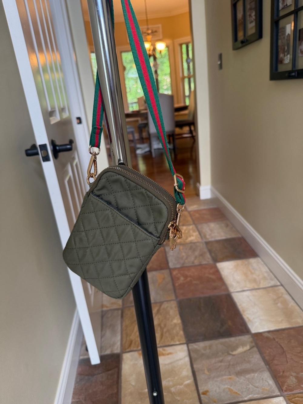 Quilted Olive Crossbody Bag with Stripe-Accent Strap